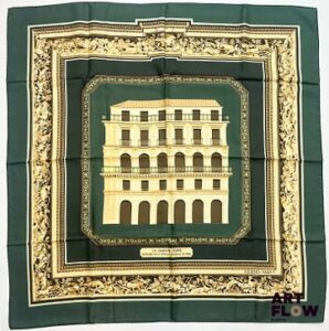 HERMÈS Paris Modèle La Maison Dorée restaurée par la banque nationale de Paris d'après un dessin de Rybal Carré en twill de soie dans les tons verts Edition spéciale de 1976 Dimensions : 90 x 90 cm Dans ses plis et sa boîte d'origine Bibliographie : Genevieve Fontan, Carrés d'art, Dictionnaire illustré des carrés Hermès valeur, 2025