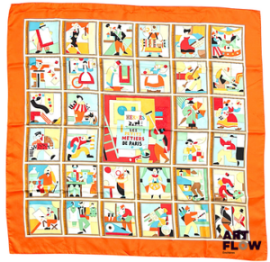 HERMÈS Paris Modèle Les Petits Métiers de Paris Carré en twill de soie à bordure orange Dimensions : 90 x 90 cm
