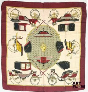 HERMÈS Paris Modèle Les voitures à transformation d'après un dessin de Françoise De la Perrière Carré en twill de soie à bordures bordeaux Signé Dimensions : 90 x 90 cm Petites tâches