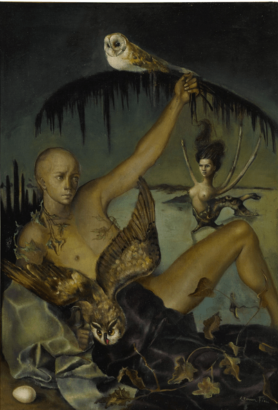Fini, Leonor, L'Homme aux chouettes, huile sur papier montée sur toile