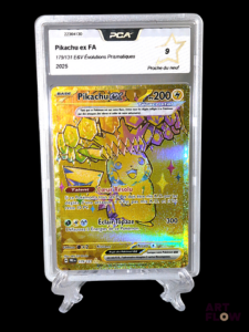 Carte Pokémon Gold Pikachu ex 179/131 gradée PCA 9. Série du bloc Écarlate & Violet : Évolutions Prismatiques (EV8.5). Carte en état Proche du neuf (PCA 9) En français.