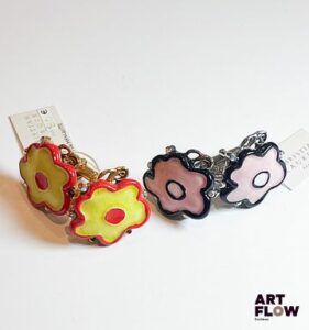 Christian LACROIX Suite de deux paires de boutons de manchettes à décor de fleurs stylisées, l'une en métal doré l'autre en métal argenté 3 x 2,5 cm env Manquent quelques strass