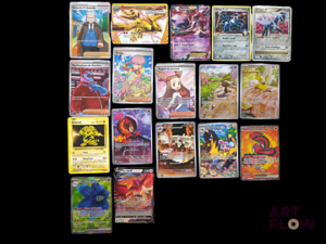 Ensemble comprenant 17 cartes Pokémon Diverses raretés En français et pour la carte Break en anglais Certaines sous sleeves, et d'autres sous sleeves et toploaders Etat global near mint sauf pour la carte Mewtwo ex, les cartes Dialga G et Dialga promo Niv X, Elektek, et la carte Turbo