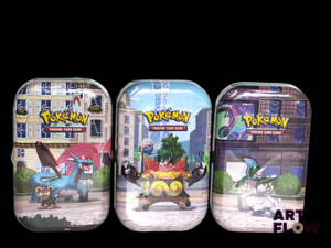 Ensemble comprenant 3 mini-tins Pokemon Bloc Mega-Evolution : Ville d'Illumis Scellées, Neuves En Français