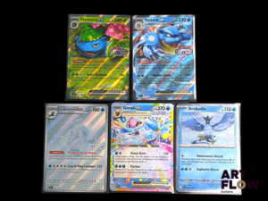 Ensemble comprenant 5 cartes Pokémon : 2 stamps couronne stellaire et 3 stamps calendrier de l'avent Diverses séries et raretés En français Etat near mint