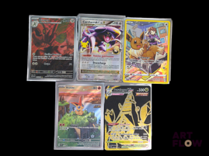 Ensemble comprenant 5 cartes Pokémon : Cizayox ; Victini ; Duralugon Vmax ; Evoli ; Carchacrok C Diverses séries et raretés full art/IR/raretés supérieures En français Sous sleeves et toploaders Etat global near mint