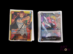 Ensemble comprenant environ 100 cartes One piece Diverses séries et raretés En français Contient des doubles, triples, voire plus Certaines sous sleeves
