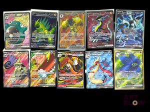 Ensemble de 10 cartes Pokémon - Full Art. Séries diverses Cartes en état global near mint Sous sleeve En français.