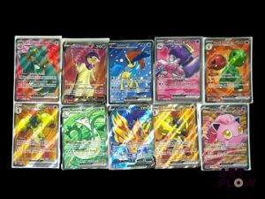Ensemble de 10 cartes Pokémon - Full Art. Séries diverses Cartes en état global near mint Sous sleeve En français.