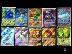 Ensemble de 10 cartes Pokémon - Full Art. Séries diverses Cartes en état global near mint Sous sleeve En français.