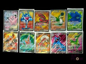 Ensemble de 10 cartes Pokémon - Full Art. Séries diverses Cartes en état global near mint Sous sleeve En français.