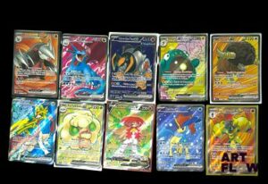 Ensemble de 10 cartes Pokémon - Full Art. Séries diverses Cartes en état global near mint Sous sleeve En français.