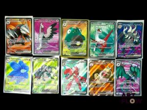 Ensemble de 10 cartes Pokémon - Full Art. Séries diverses Cartes en état global near mint Sous sleeve En français.