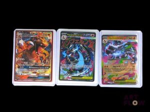 Ensemble de 3 cartes Pokemon : Dracaufeu GX, et Méga-Dracaufeu X Ex Diverses séries et raretés En français Sous sleeve et toploader Etat global near mint