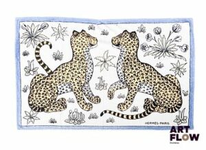 HERMÈS Drap de plage en coton imprimé figurant des léopards entourés de fleurs 95 x 150 cm Usures (trous, tâches...)