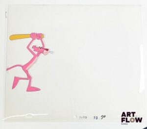 La Panthère Rose (The Pink Panther), d'après Friz Freleng et David H. DePatie La Panthère Rose Cellulo à la gouache et encre On y joint le dessin préparatoire de la scène Dimensions : 27 x 31,5 cm