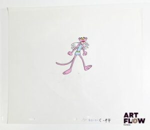 La Panthère Rose (The Pink Panther), d'après Friz Freleng et David H. DePatie La Panthère Rose Cellulo à la gouache et encre représentant La Panthère Rose ailée On y joint le dessin préparatoire de la scène Dimensions : 27 x 31,5 cm