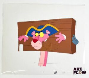 La Panthère Rose (The Pink Panther), d'après Friz Freleng et David H. DePatie La Panthère Rose Cellulo à la gouache et encre représentant La Panthère Rose captive On y joint le dessin préparatoire de la scène Taches et traces (voir photos) Dimensions : 27 x 31,5 cm
