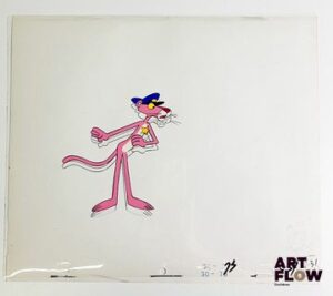 La Panthère Rose (The Pink Panther), d'après Friz Freleng et David H. DePatie La Panthère Rose Cellulo à la gouache et encre représentant La Panthère Rose en agent de police On y joint le dessin préparatoire de la scène Dimensions : 27 x 31,5 cm
