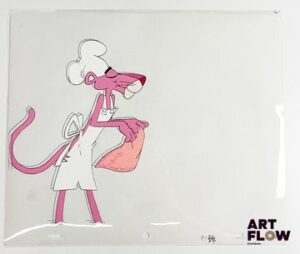 La Panthère Rose (The Pink Panther), d'après Friz Freleng et David H. DePatie La Panthère Rose Cellulo à la gouache et encre représentant La Panthère Rose en chef cuisinier On y joint le dessin préparatoire de la scène Dimensions : 27 x 31,5 cm