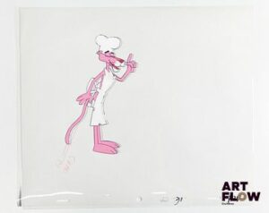 La Panthère Rose (The Pink Panther), d'après Friz Freleng et David H. DePatie La Panthère Rose Cellulo à la gouache et encre représentant La Panthère Rose en chef cuisinier On y joint le dessin préparatoire de la scène Dimensions : 27 x 31,5 cm