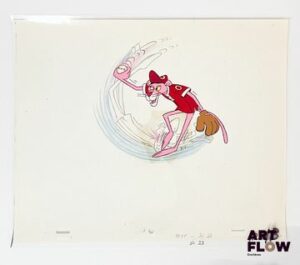 La Panthère Rose (The Pink Panther), d'après Friz Freleng et David H. DePatie La Panthère Rose Cellulo à la gouache et encre représentant La Panthère Rose en joueur de baseball On y joint un dessin préparatoire de la scène Taches et traces (voir photos) Dimensions : 27 x 31,5 cm