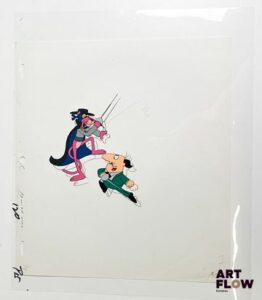 La Panthère Rose (The Pink Panther), d'après Friz Freleng et David H. DePatie La Panthère Rose Cellulo à la gouache et encre représentant La Panthère Rose en plein duel à l'épée On y joint le dessin préparatoire de la scène Dimensions : 27 x 31,5 cm