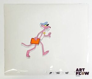 La Panthère Rose (The Pink Panther), d'après Friz Freleng et David H. DePatie La Panthère Rose Cellulo à la gouache et encre représentant La Panthère Rose en policier On y joint le dessin préparatoire de la scène Dimensions : 27 x 31,5 cm