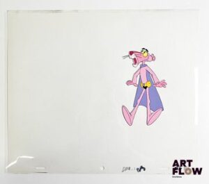 La Panthère Rose (The Pink Panther), d'après Friz Freleng et David H. DePatie La Panthère Rose Cellulo à la gouache et encre représentant La Panthère Rose en super héro On y joint le dessin préparatoire de la scène Dimensions : 27 x 31,5 cm