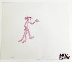 La Panthère Rose (The Pink Panther), d'après Friz Freleng et David H. DePatie La Panthère Rose Cellulo à la gouache et encre représentant La Panthère Rose On y joint le dessin préparatoire de la scène Dimensions : 27 x 31,5 cm