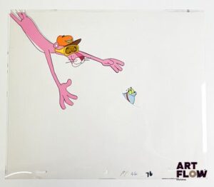 La Panthère Rose (The Pink Panther), d'après Friz Freleng et David H. DePatie La Panthère Rose Cellulo à la gouache et encre représentant La Panthère Rose On y joint le dessin préparatoire de la scène Dimensions : 27 x 31,5 cm
