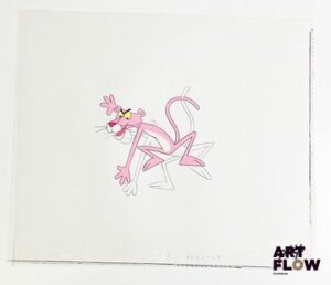 La Panthère Rose (The Pink Panther), d'après Friz Freleng et David H. DePatie La Panthère Rose Cellulo à la gouache et encre représentant La Panthère Rose On y joint le dessin préparatoire de la scène Dimensions : 27 x 31,5 cm