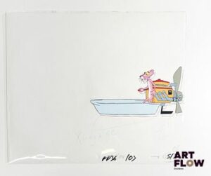 La Panthère Rose (The Pink Panther), d'après Friz Freleng et David H. DePatie La Panthère Rose Cellulo à la gouache et encre représentant La Panthère Rose pilotant un bateau On y joint le dessin préparatoire de la scène Dimensions : 27 x 31,5 cm