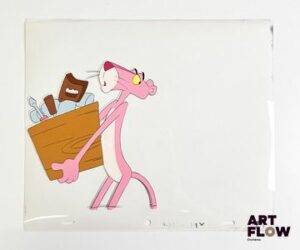 La Panthère Rose (The Pink Panther), d'après Friz Freleng et David H. DePatie La Panthère Rose Cellulo à la gouache et encre représentant La Panthère Rose portant une caisse d'outils On y joint le dessin préparatoire de la scène Dimensions : 27 x 31,5 cm
