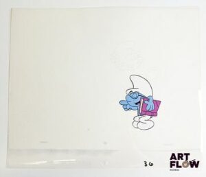 Les Schtroumpfs, d'après Peyo Cellulo à la gouache et encre représentant Schtroumpf savant Dimensions : 27 x 32 cm