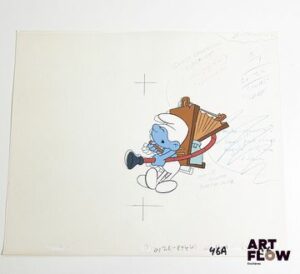 Les Schtroumpfs, d'après Peyo Cellulo à la gouache et encre représentant un Schtroumpf équipé d'une machine on y joint un dessin préparatoire de la scène Dimensions : 27 x 32 cm