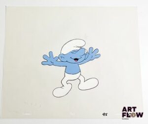 Les Schtroumpfs, d'après Peyo Cellulo à la gouache et encre représentant un Schtroumpf heureux Dimensions : 27 x 32 cm