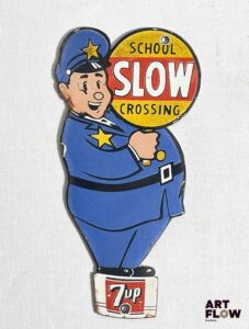 Plaque émaillée 7-Up School slow crossing 20 x 10 cm Petits éclats et traces de rouille Reproduction moderne