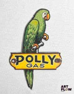 Plaque émaillée Polly Gas 20,5 x 13 cm Petits éclats et traces de rouille Reproduction moderne (fin XXe-début XXIe siècle)