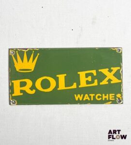 Plaque émaillée rectangulaire Rolex 10 x 20 cm env Petits éclats et traces de rouille Reproduction moderne