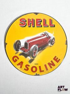 Plaque émaillée ronde Shell Gasoline diamètre 30 cm Petits éclats et traces de rouille Reproduction moderne