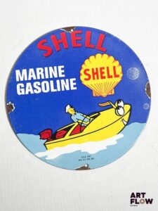 Plaque émaillée ronde Shell Marine Gasoline diamètre 30 cm Petits éclats et traces de rouille Reproduction moderne