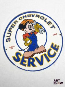 Plaque émaillée ronde Super Chevrolet Service diamètre 30 cm Petits éclats et traces de rouille Reproduction moderne