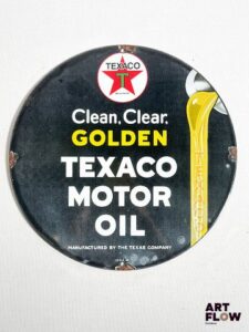 Plaque émaillée ronde Texaco Motor Oil diamètre 30 cm Petits éclats et traces de rouille Reproduction moderne