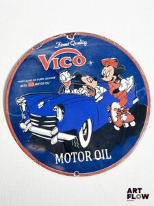 Plaque émaillée ronde Vico Motor Oil diamètre 30 cm Petits éclats et traces de rouille Reproduction moderne