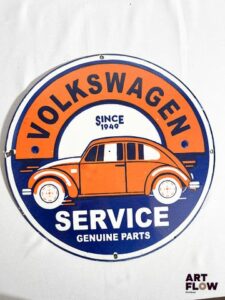 Plaque émaillée ronde Volkswagen Service Diamètre 38 cm Traces de rouille et sauts d'émail