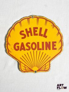 Plaque émaillée Shell Gasoline 20 x 20 cm env Petits éclats et traces de rouille Reproduction moderne (fin XXe-début XXIe siècle)