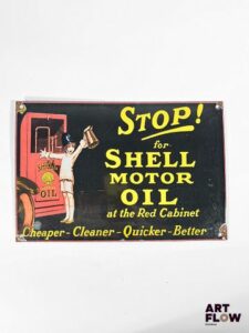 Plaque émaillée Stop for Shell Motoroil 20 x 30,5 cm env éclats et traces de rouille reproduction moderne