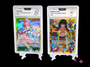 Réunion de 2 cartes One Piece gradée PCA 9,5 - Monkey D.Luffy OP09-119 secrète de la série "Les Nouveaux Empereurs" - Uta Parallel EB03-061 secrète de la série "Héroïnes Edition"