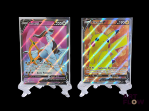 Réunion de 2 cartes Pokemon : Arceus V 165/172 et Pikachu V 157/172 Série du bloc Epée et bouclier : Stars étincelantes EB09 En français Etat global near mint Sous sleeves et toploaders
